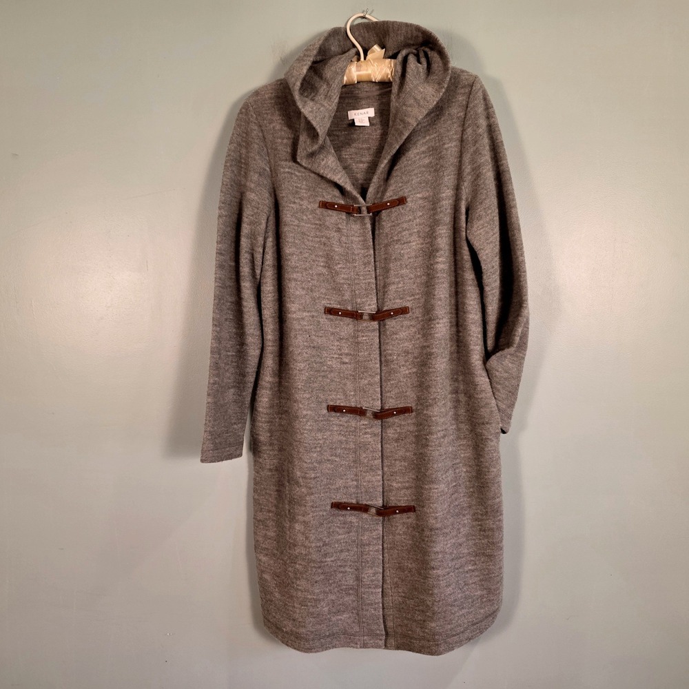 Kenar Women Grey 100% Wool Hooded Toggle Front Knit Coat Size M